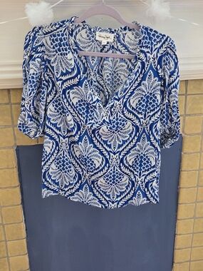 Panama Jack Navy and White Printed V-Neck Blouse